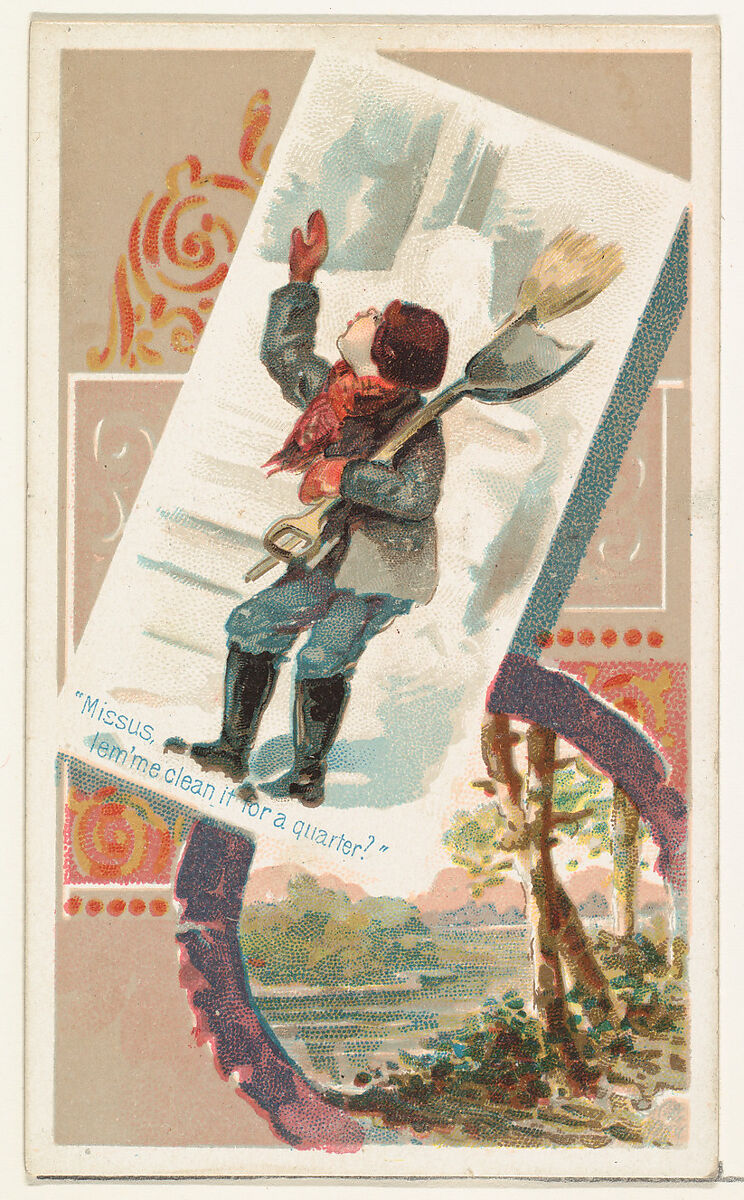 "Missus, lem'me clean it for a quarter?," from the Terrors of America set (N136) issued by Duke Sons & Co. to promote Honest Long Cut Tobacco, Issued by W. Duke, Sons &amp; Co. (New York and Durham, N.C.), Commercial color lithograph 