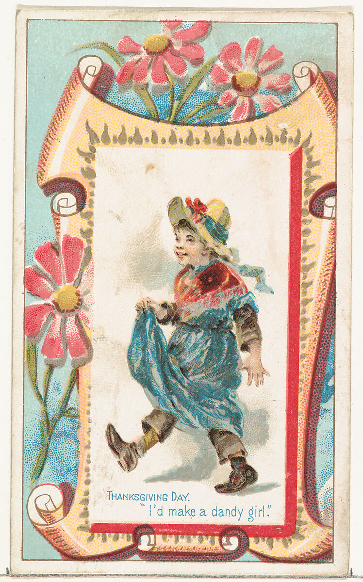 Thanksgiving Day, "I'd make a dandy girl," from the Terrors of America set (N136) issued by Duke Sons & Co. to promote Honest Long Cut Tobacco, Issued by W. Duke, Sons &amp; Co. (New York and Durham, N.C.), Commercial color lithograph 