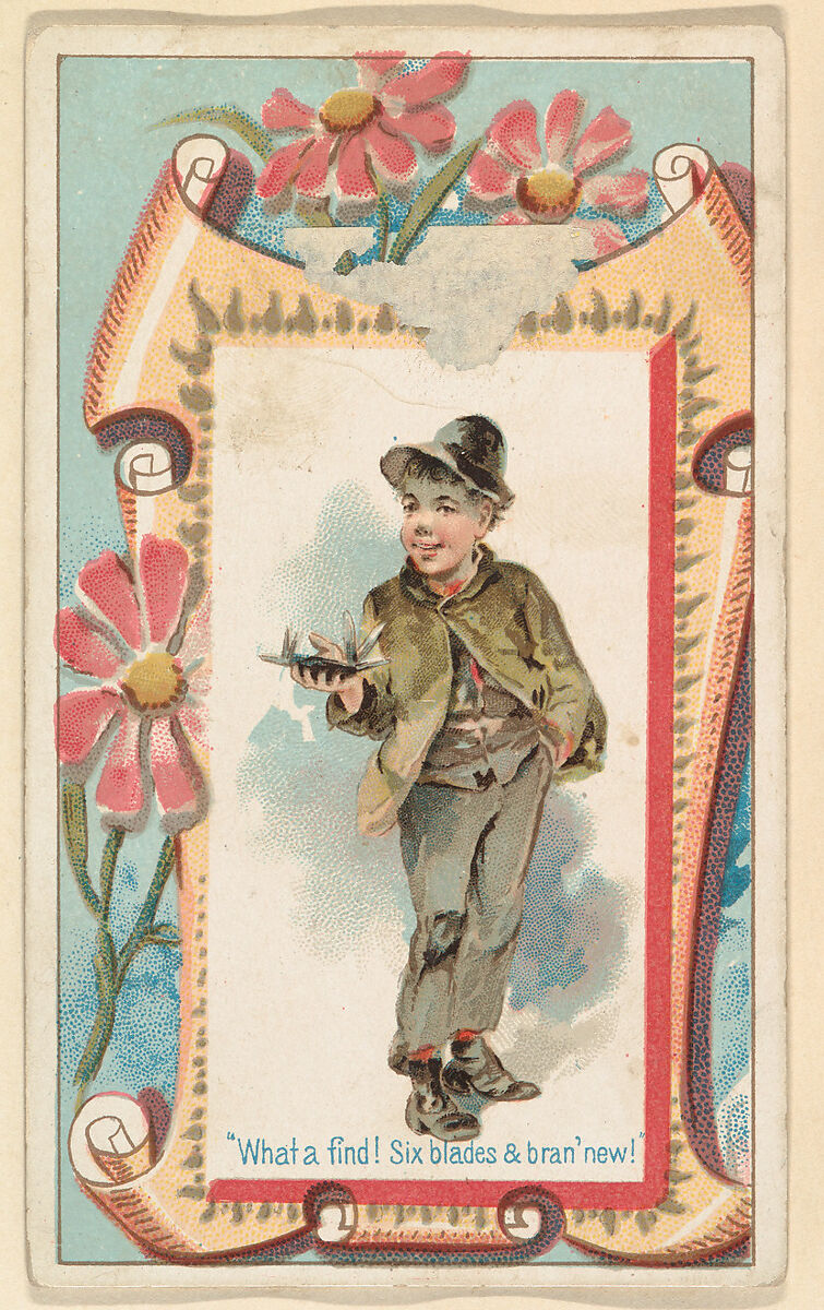 "What a find! Six blades & bran' new!," from the Terrors of America set (N136) issued by Duke Sons & Co. to promote Honest Long Cut Tobacco, Issued by W. Duke, Sons &amp; Co. (New York and Durham, N.C.), Commercial color lithograph 
