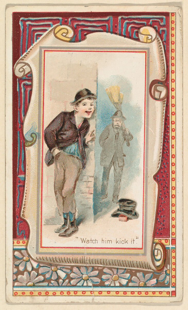 "Watch him kick it," from the Terrors of America set (N136) issued by Duke Sons & Co. to promote Honest Long Cut Tobacco, Issued by W. Duke, Sons &amp; Co. (New York and Durham, N.C.), Commercial color lithograph 