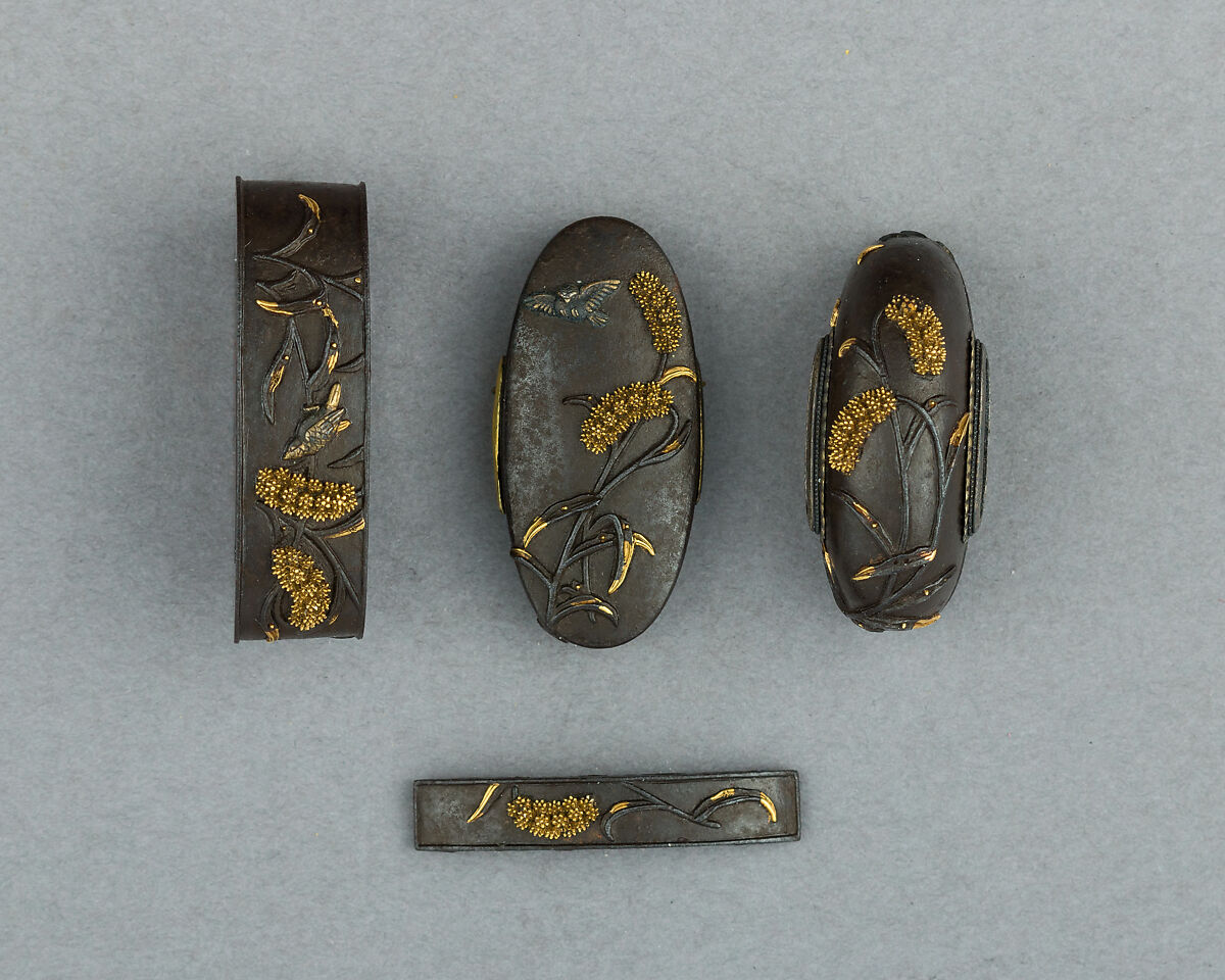 Set of Sword Fittings (Mitokoromono), Inscribed by Ginshōtei Tōmei (Japanese, 1817–1870), Iron, gold, copper-silver alloy (shibuichi), Japanese