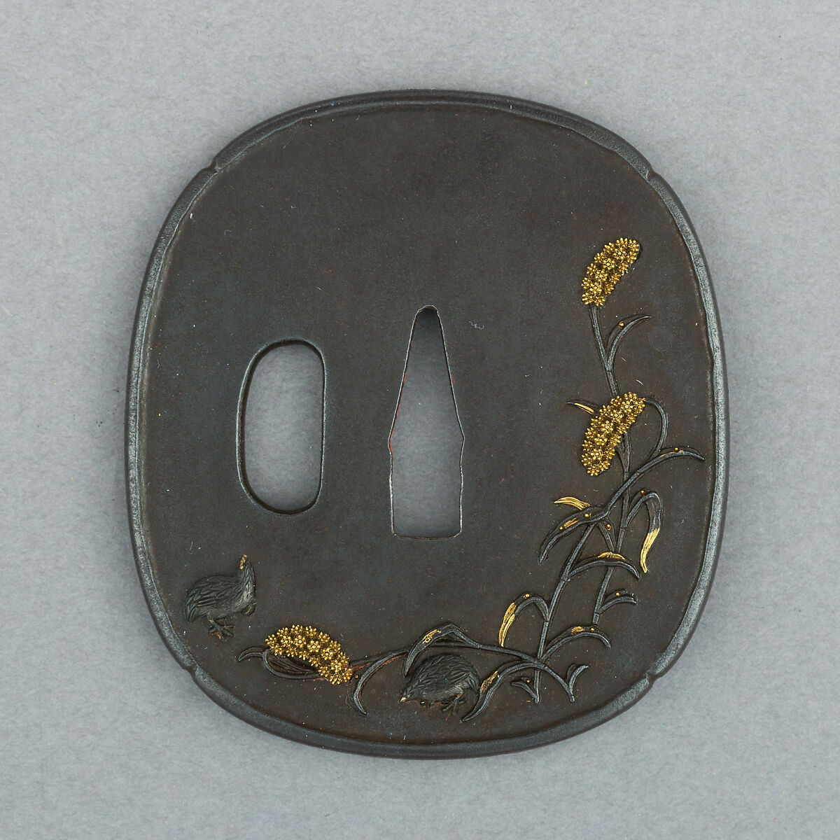 Set of Sword Fittings (Mitokoromono), Inscribed by Ginshōtei Tōmei (Japanese, 1817–1870), Iron, gold, copper-silver alloy (shibuichi), Japanese