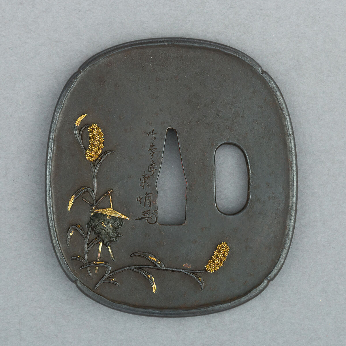 Set of Sword Fittings (Mitokoromono), Inscribed by Ginshōtei Tōmei (Japanese, 1817–1870), Iron, gold, copper-silver alloy (shibuichi), Japanese