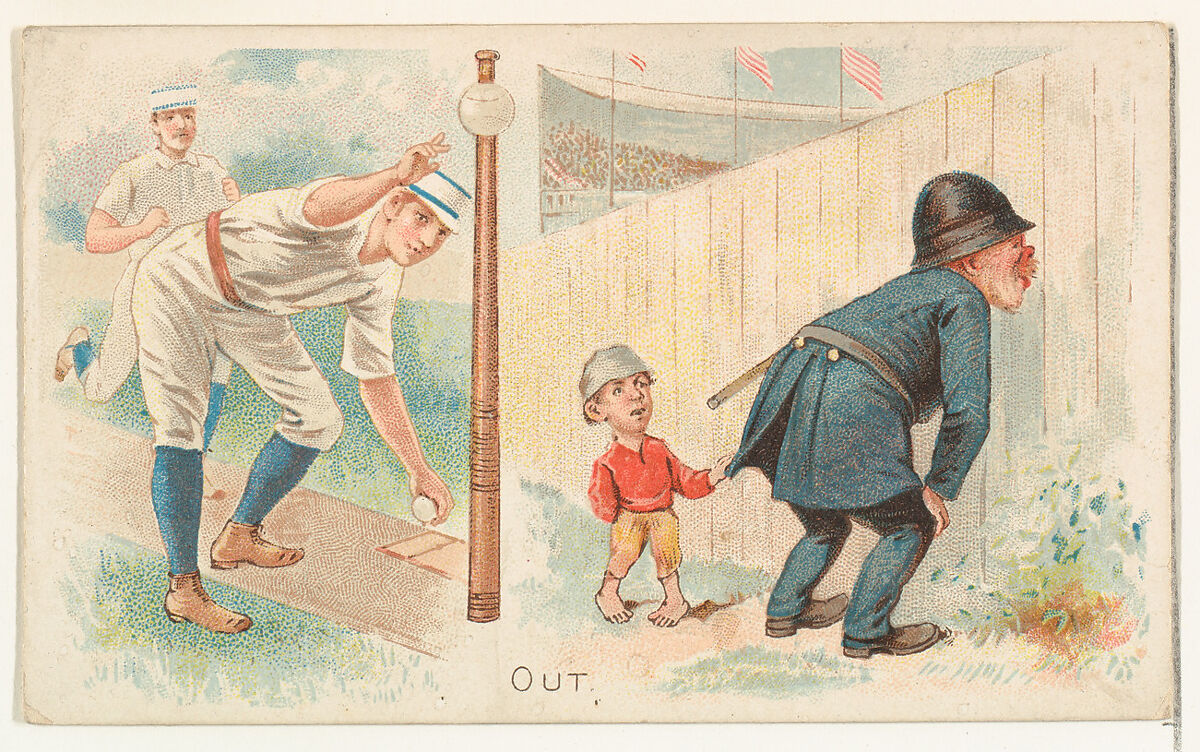 Out, from the Talk of the Diamond set (N135) issued by Duke Sons & Co., a branch of the American Tobacco Company, Issued by W. Duke, Sons &amp; Co. (New York and Durham, N.C.)  ,, Commercial color lithograph 