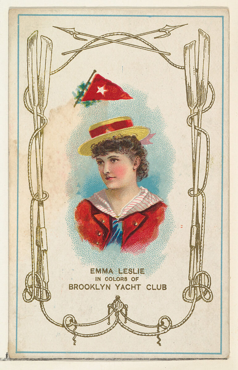 Emma Leslie in Colors of Brooklyn Yacht Club, from the Yacht Colors of the World series (N140) issued by Duke Sons & Co. to promote Honest Long Cut Tobacco, Issued by W. Duke, Sons &amp; Co. (New York and Durham, N.C.), Commercial color lithograph 