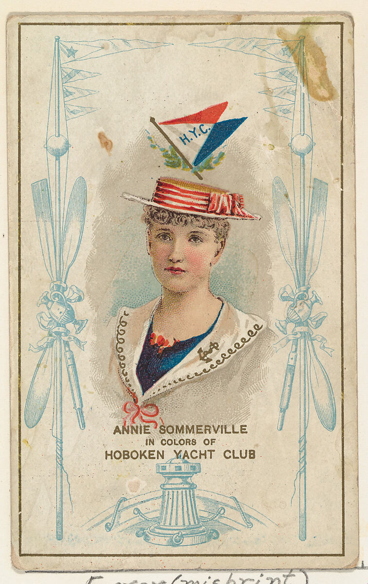 Error-Misprint Card, Annie Sommerville in Colors of the Hoboken Yacht Club, from the Yacht Colors of the World series (N140) issued by Duke Sons & Co. to promote Honest Long Cut Tobacco, Issued by W. Duke, Sons &amp; Co. (New York and Durham, N.C.), Commercial color lithograph 