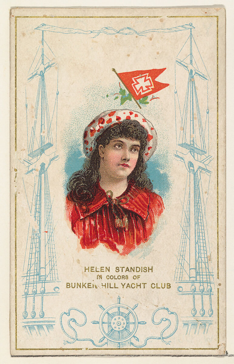 Helen Standish in Colors of Bunker Hill Yacht Club, from the Yacht Colors of the World series (N140) issued by Duke Sons & Co. to promote Honest Long Cut Tobacco, Issued by W. Duke, Sons &amp; Co. (New York and Durham, N.C.), Commercial color lithograph 