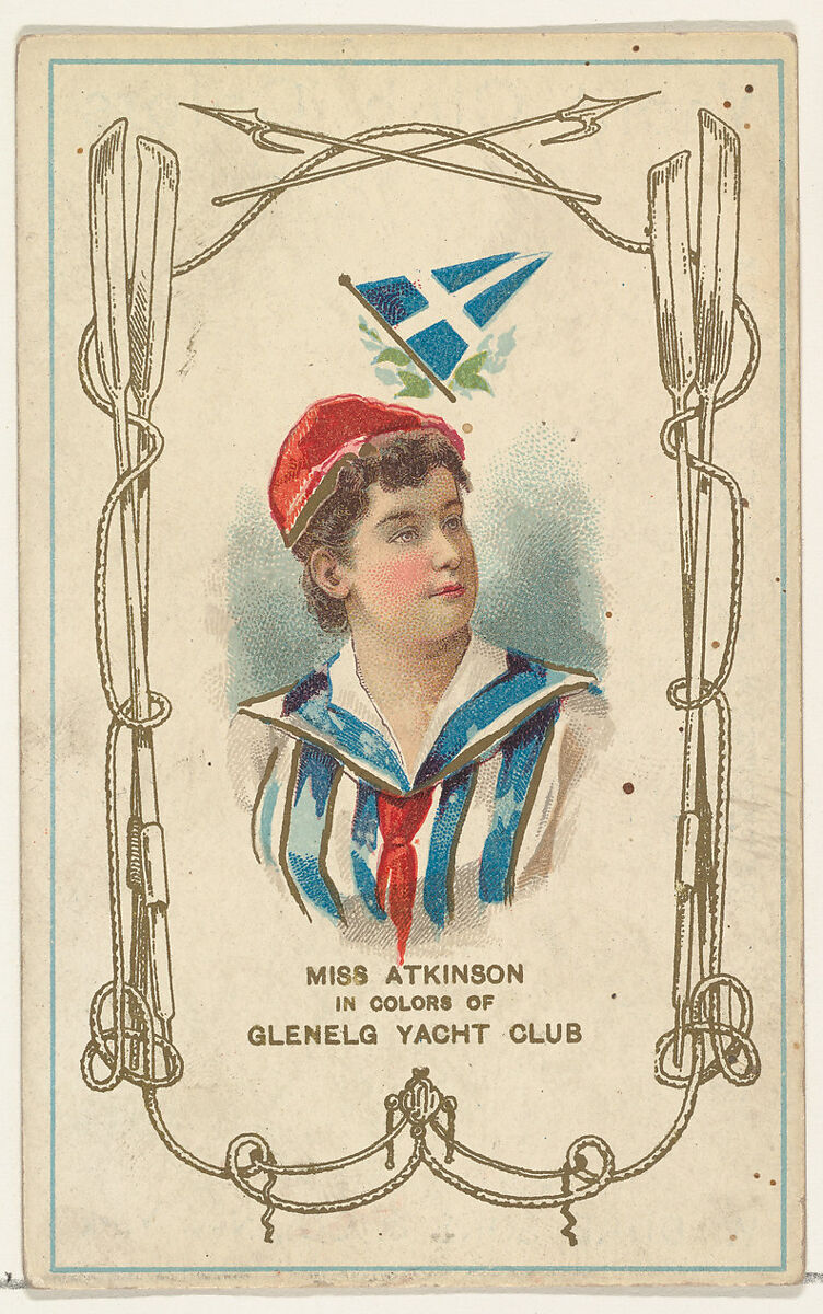Miss Atkinson in Colors of Glenelg Yacht Club, from the Yacht Colors of the World series (N140) issued by Duke Sons & Co. to promote Honest Long Cut Tobacco, Issued by W. Duke, Sons &amp; Co. (New York and Durham, N.C.), Commercial color lithograph 