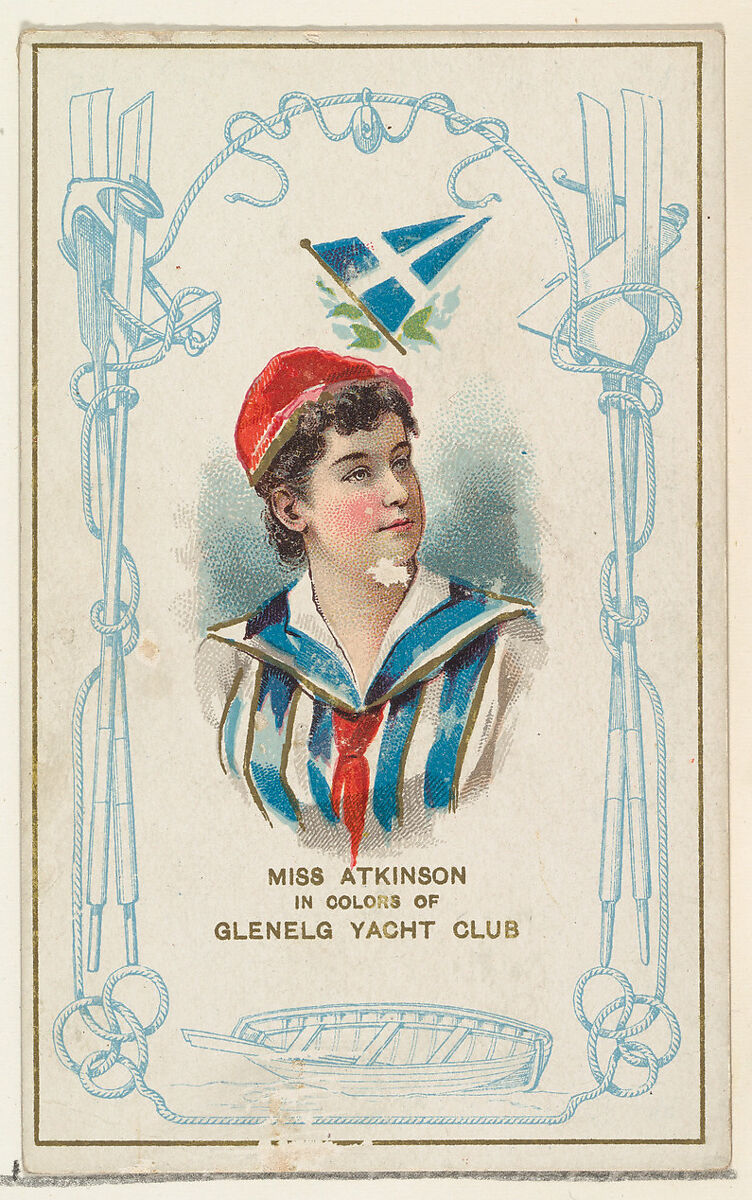 Miss Atkinson in Colors of Glenelg Yacht Club, from the Yacht Colors of the World series (N140) issued by Duke Sons & Co. to promote Honest Long Cut Tobacco, Issued by W. Duke, Sons &amp; Co. (New York and Durham, N.C.), Commercial color lithograph 
