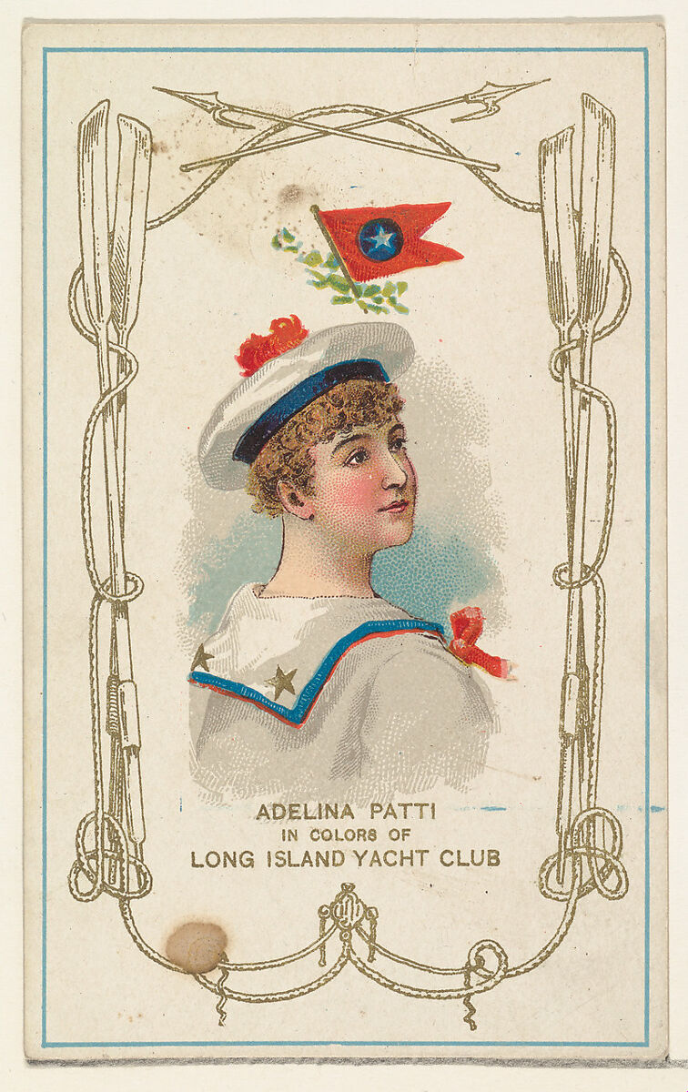 Adelina Patti in Colors of the Long Island Yacht Club, from the Yacht Colors of the World series (N140) issued by Duke Sons & Co. to promote Honest Long Cut Tobacco, Issued by W. Duke, Sons &amp; Co. (New York and Durham, N.C.), Commercial color lithograph 