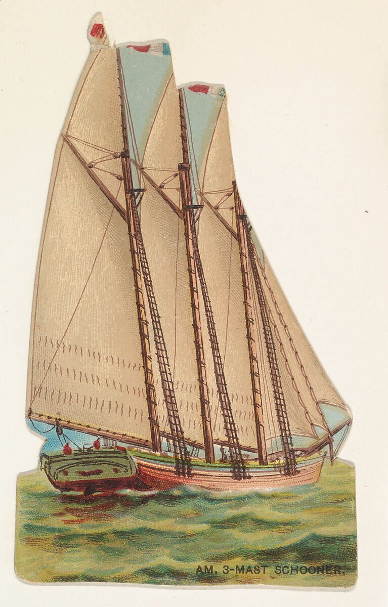 American Three-Mast Schooner, from the Types of Vessels series (N139) issued by Duke Sons & Co. to promote Honest Long Cut Tobacco, Issued by W. Duke, Sons &amp; Co. (New York and Durham, N.C.), Commercial color lithograph 