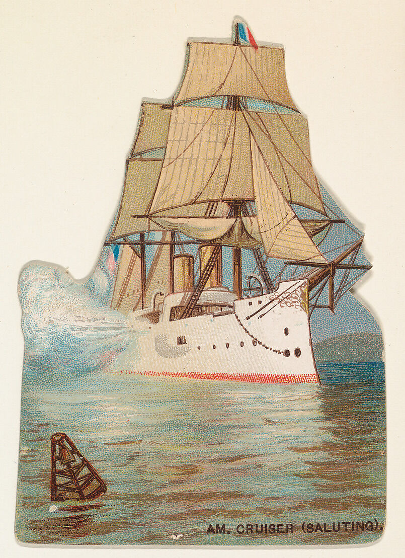 American Cruiser (Saluting), from the Types of Vessels series (N139) issued by Duke Sons & Co. to promote Honest Long Cut Tobacco, Issued by W. Duke, Sons &amp; Co. (New York and Durham, N.C.), Commercial color lithograph 
