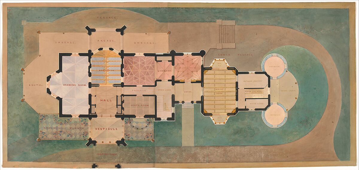 Lyndhurst for George Merritt, Tarrytown, New York (first floor plan), Alexander Jackson Davis (American, New York 1803–1892 West Orange, New Jersey), Watercolor, pen and ink, and graphite 