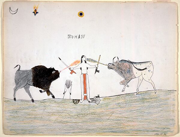 A Man Receiving Power from Two Spirit Animals, Wohaw (Native American, Kiowa, 1855–1924), Graphite and crayon on paper, Kiowa 