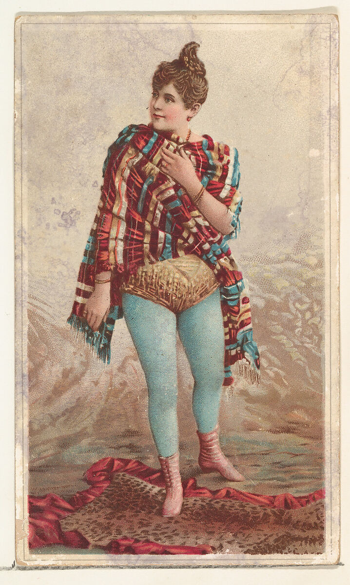 Actress wearing blanket and standing on fur rug, from Stars of the Stage, Second Series (N130) issued by Duke Sons & Co. to promote Honest Long Cut Tobacco, Issued by W. Duke, Sons &amp; Co. (New York and Durham, N.C.), Commercial color lithograph 
