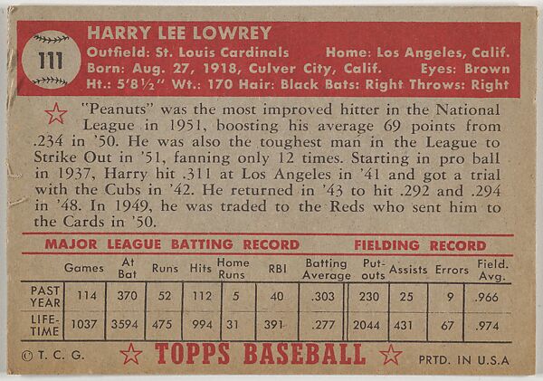 Card Number 111, Harry Lowrey, St. Louis Cardinals, from the Topps Baseball series (R414-6) issued by Topps Chewing Gum Company, Issued by Topps Chewing Gum Company (American, Brooklyn), Commercial color lithograph