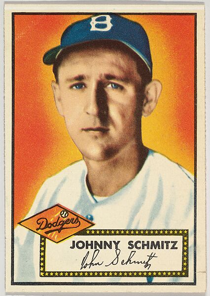 Card Number 136, Johnny Schmitz, Brooklyn Dodgers, from the Topps Baseball series (R414-6) issued by Topps Chewing Gum Company, Issued by Topps Chewing Gum Company (American, Brooklyn), Commercial color lithograph 