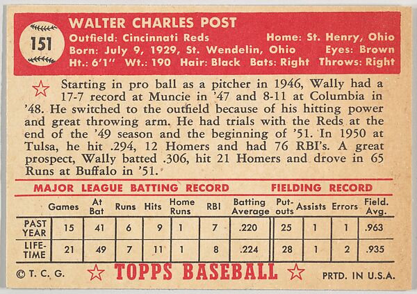 Card Number 151, Wally Post, Cincinnati Reds, from the Topps Baseball series (R414-6) issued by Topps Chewing Gum Company, Issued by Topps Chewing Gum Company (American, Brooklyn), Commercial color lithograph