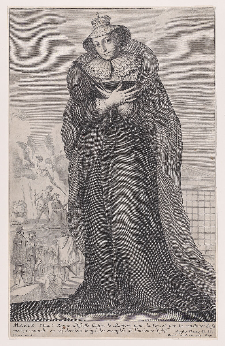 Mary, Queen of Scots with the scene of her execution (from "La Gallerie des Femmes Fortes," page 350), Gilles Rousselet (French, Paris 1614–1686 Paris), Etching and engraving 