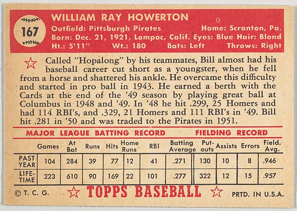 Card Number 167, Bill Howerton, Pittsburgh Pirates, from the Topps Baseball series (R414-6) issued by Topps Chewing Gum Company, Issued by Topps Chewing Gum Company (American, Brooklyn), Commercial color lithograph