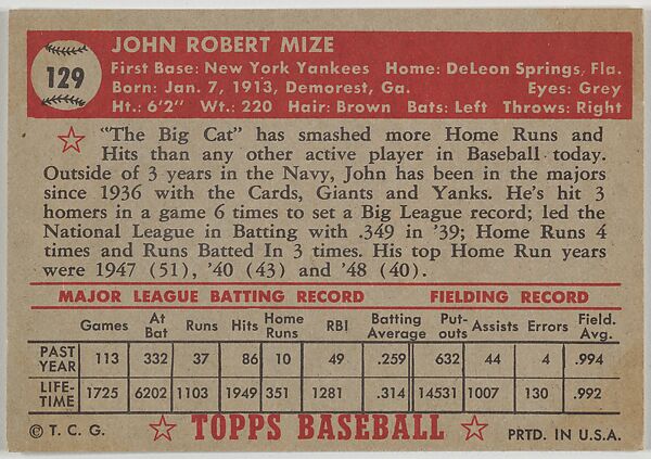 Card Number 129, Johnny Mize, New York Yankees, from the Topps Baseball series (R414-6) issued by Topps Chewing Gum Company, Issued by Topps Chewing Gum Company (American, Brooklyn), Commercial color lithograph