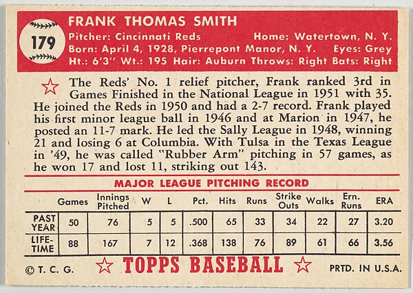 Card Number 179, Frank Smith, Cincinnati Reds, from the Topps Baseball series (R414-6) issued by Topps Chewing Gum Company, Issued by Topps Chewing Gum Company (American, Brooklyn), Commercial color lithograph