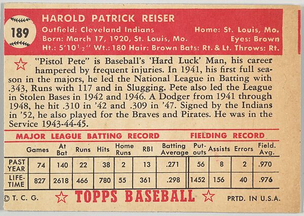 Card Number 189, Pete Reiser, Cleveland Indians, from the Topps Baseball series (R414-6) issued by Topps Chewing Gum Company, Issued by Topps Chewing Gum Company (American, Brooklyn), Commercial color lithograph