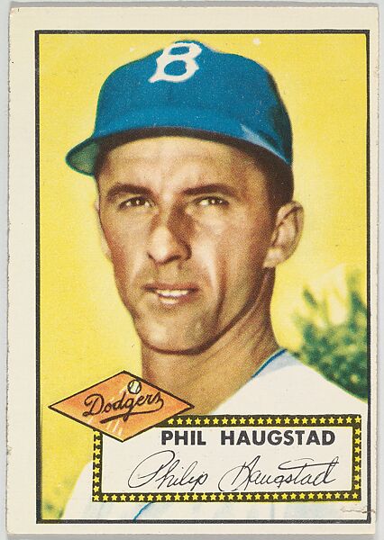 Card Number 198, Phil Haugstad, Brooklyn Dodgers, from the Topps Baseball series (R414-6) issued by Topps Chewing Gum Company, Issued by Topps Chewing Gum Company (American, Brooklyn), Commercial color lithograph 