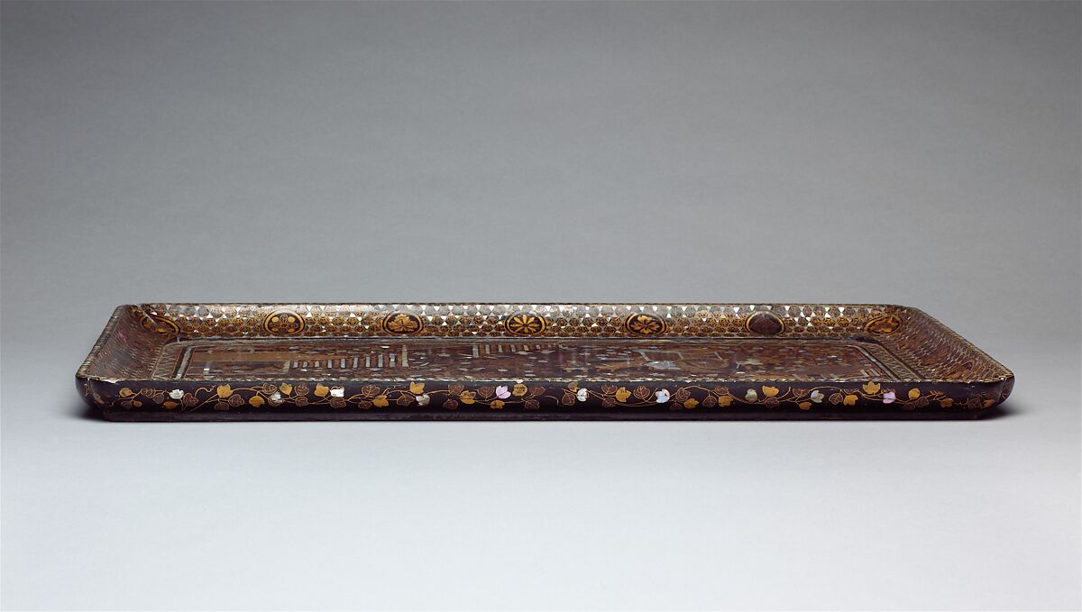Tray with Scene from the Tale of Genji, Black lacquer with gold maki-e and mother-of-pearl inlay, Japan