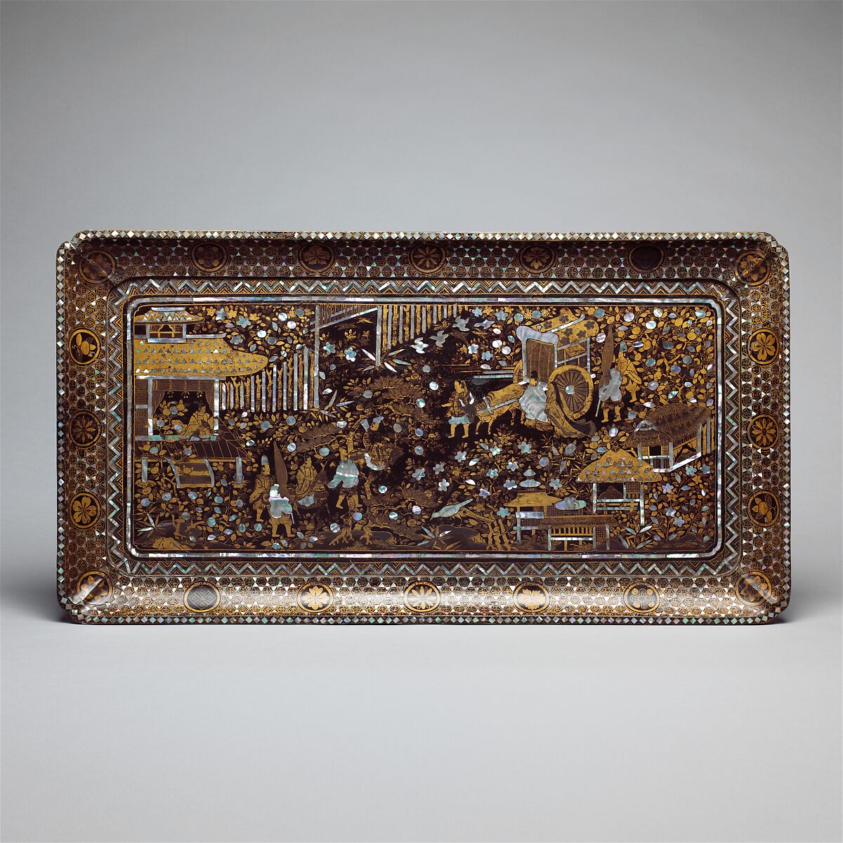 Tray with Scene from the Tale of Genji, Black lacquer with gold maki-e and mother-of-pearl inlay, Japan 