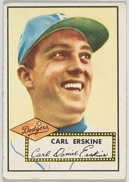 Card Number 250, Carl Erskine, Brooklyn Dodgers, from the Topps Baseball series (R414-6) issued by Topps Chewing Gum Company, Issued by Topps Chewing Gum Company (American, Brooklyn), Commercial color lithograph 