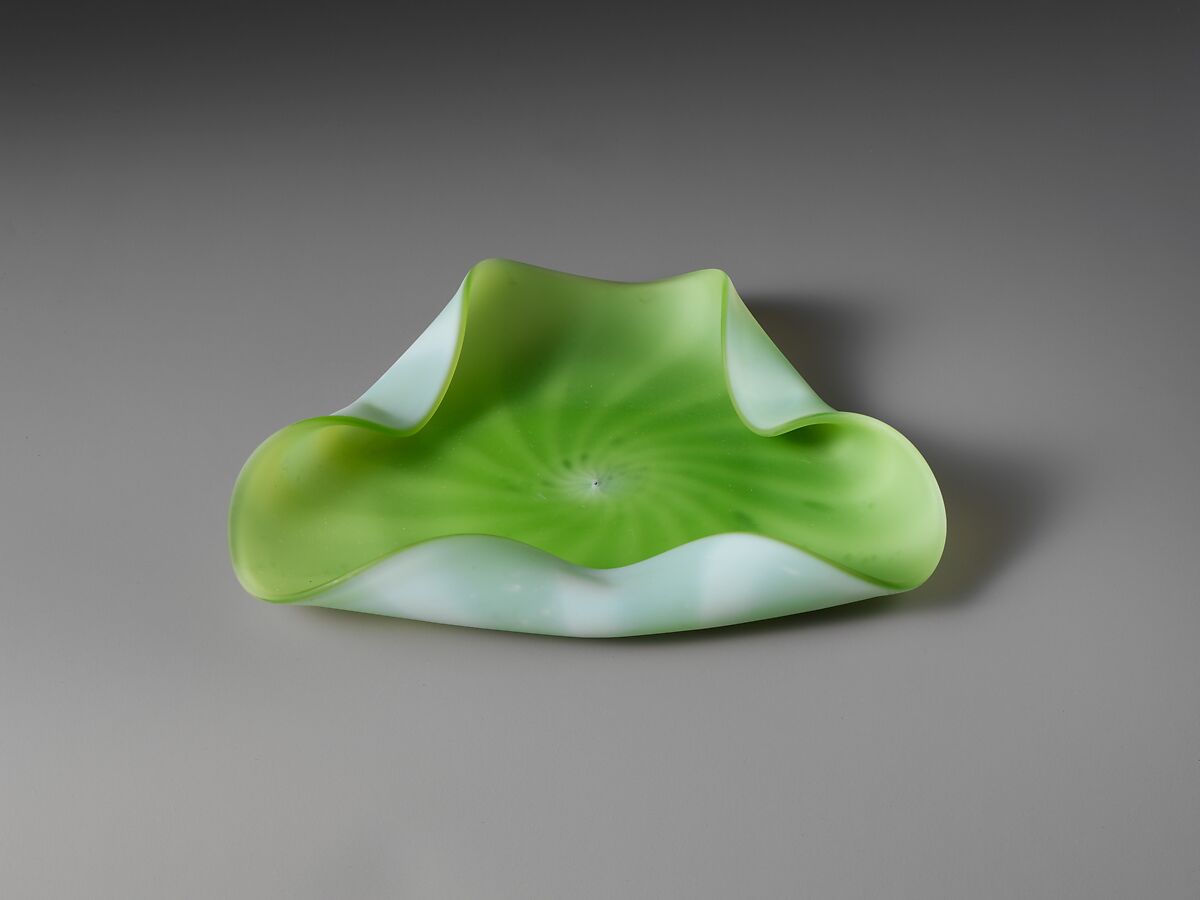 Plate, Blown satin green with white opaque glass, British