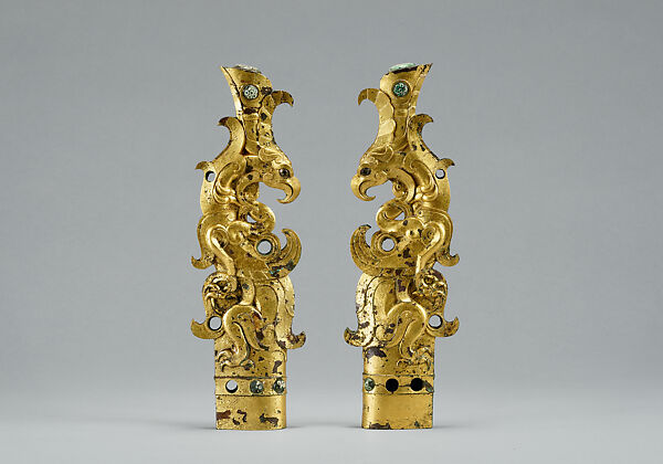 Pair of Finials in the Shape of Mythical Beasts, Gilt bronze inlaid with glass, China 