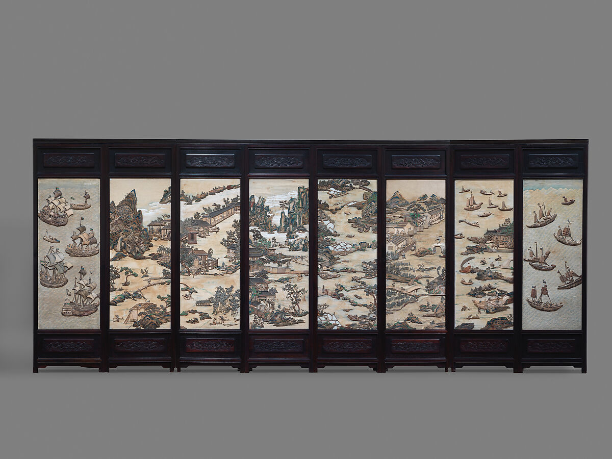 Folding screen with figures in a landscape, Carved talc mounted on silk, China 