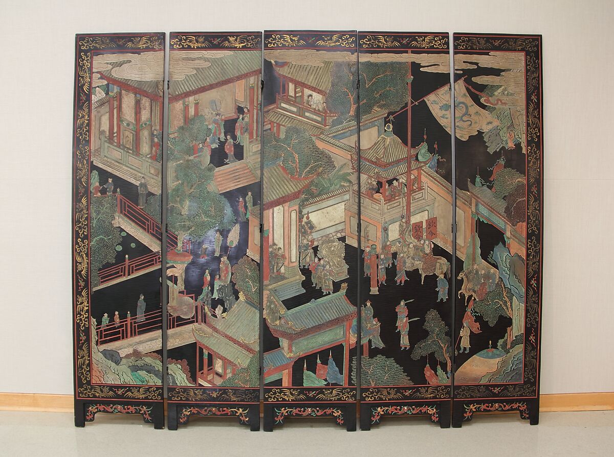 Screen, Five-panel folding screen; lacquer on wood, colors and gold, China 