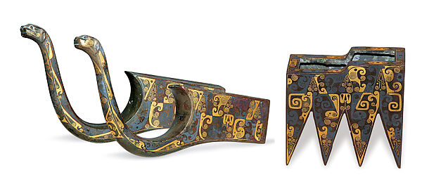 Pair of Crossbow Holders (Cheng nu qi ) with Crossbow Ornament, Bronze inlaid with gold and silver, China 