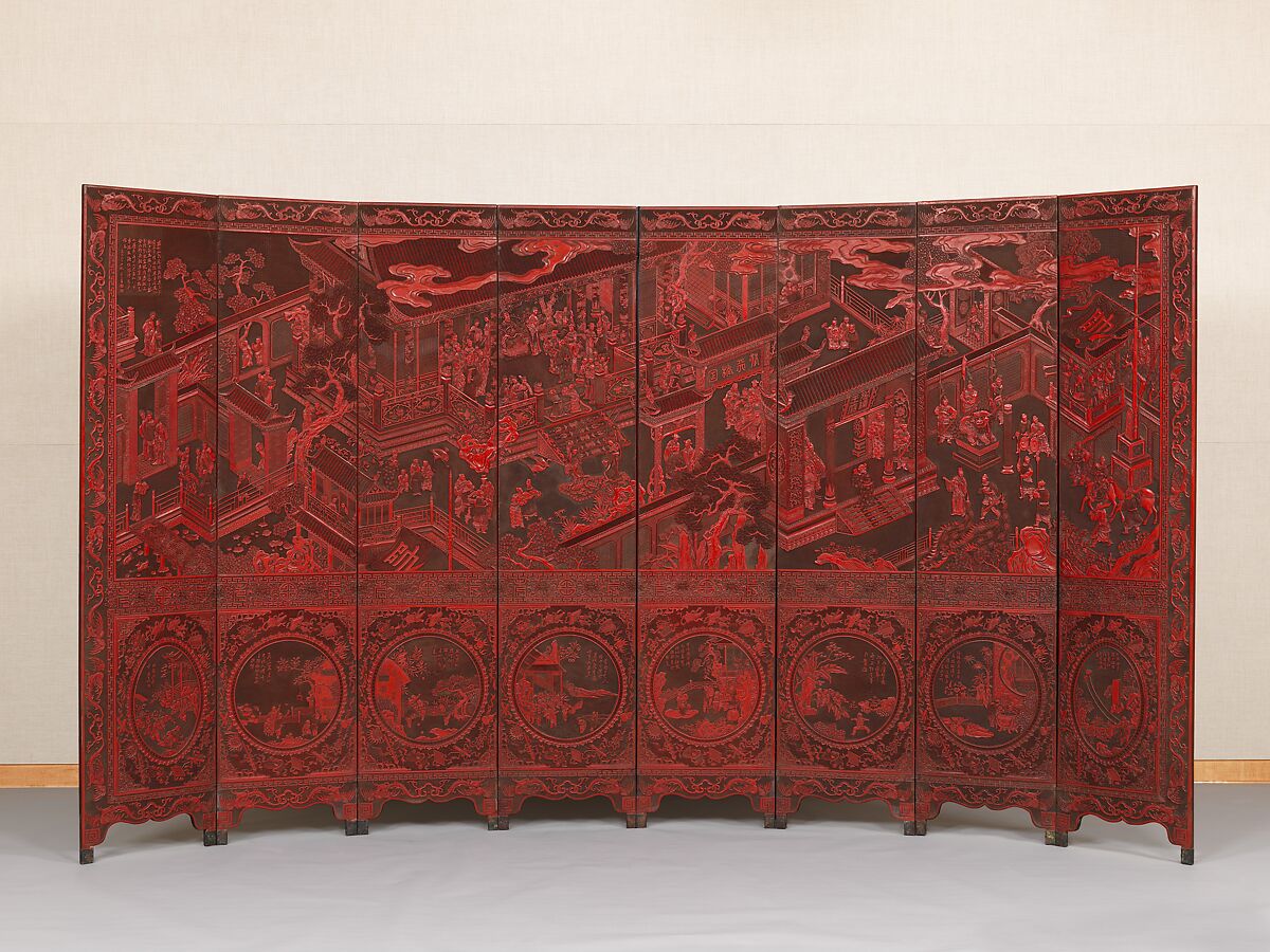 Folding screen with birthday celebration for General Guo Ziyi, Carved red and black lacquer, China 