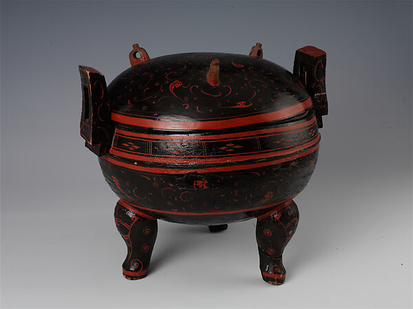 Tripod Food Container (Ding) with Cloud Pattern, Lacquer over wood, China 