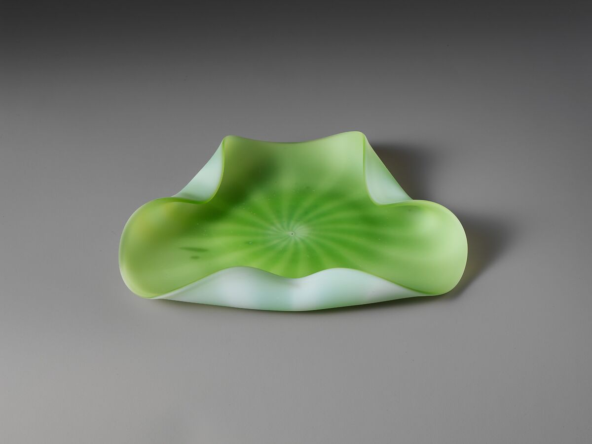 Plate, Blown satin green with white opaque glass, British 