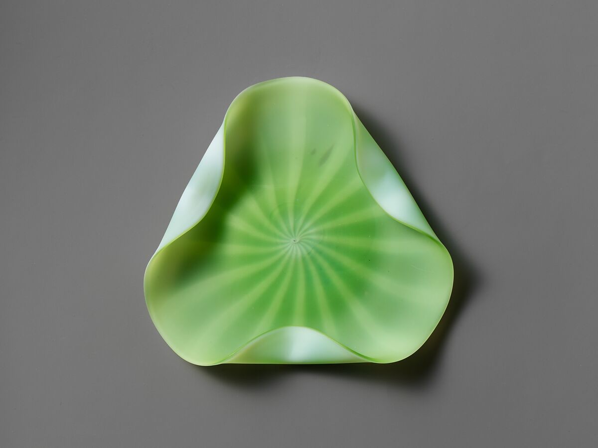 Plate, Blown satin green with white opaque glass, British