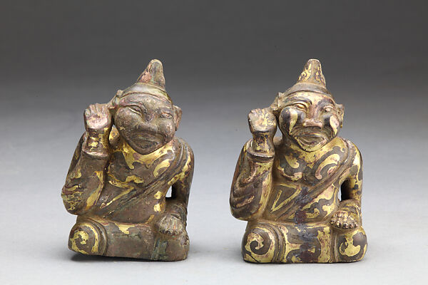 Two Mat Weights in the Shape of Paiyou Performers, Gilt and silvered bronze, China 