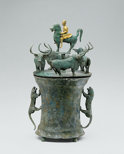 Cowry Container with Bull and Rider, Bronze, China 
