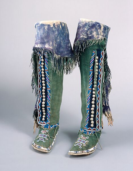 Woman’s Boots, Native-tanned leather, rawhide, glass beads, German-silver buttons, pigment, Comanche 