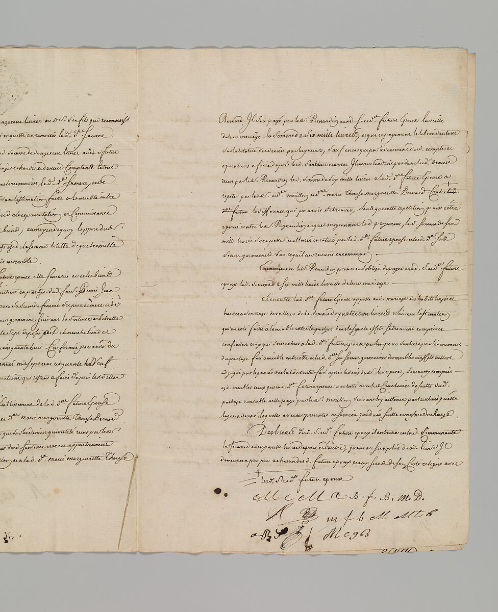 Marriage Contract Between Jean Baptiste Claude Allevin, Gunmaker, and Barbe Françoise Bernard, Paris, July 13, 1759, Pen on paper, French, Paris