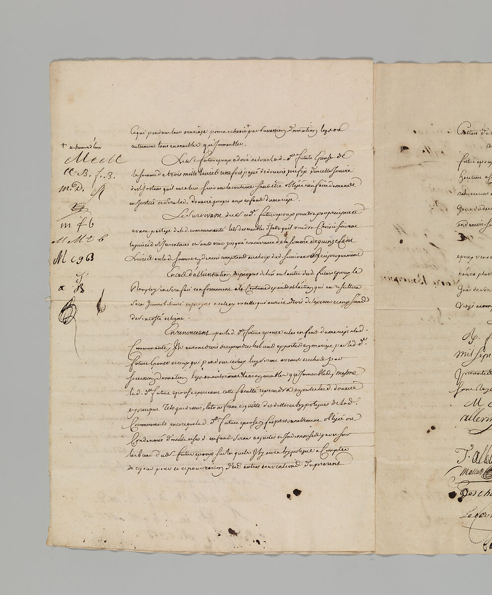 Marriage Contract Between Jean Baptiste Claude Allevin, Gunmaker, and Barbe Françoise Bernard, Paris, July 13, 1759, Pen on paper, French, Paris