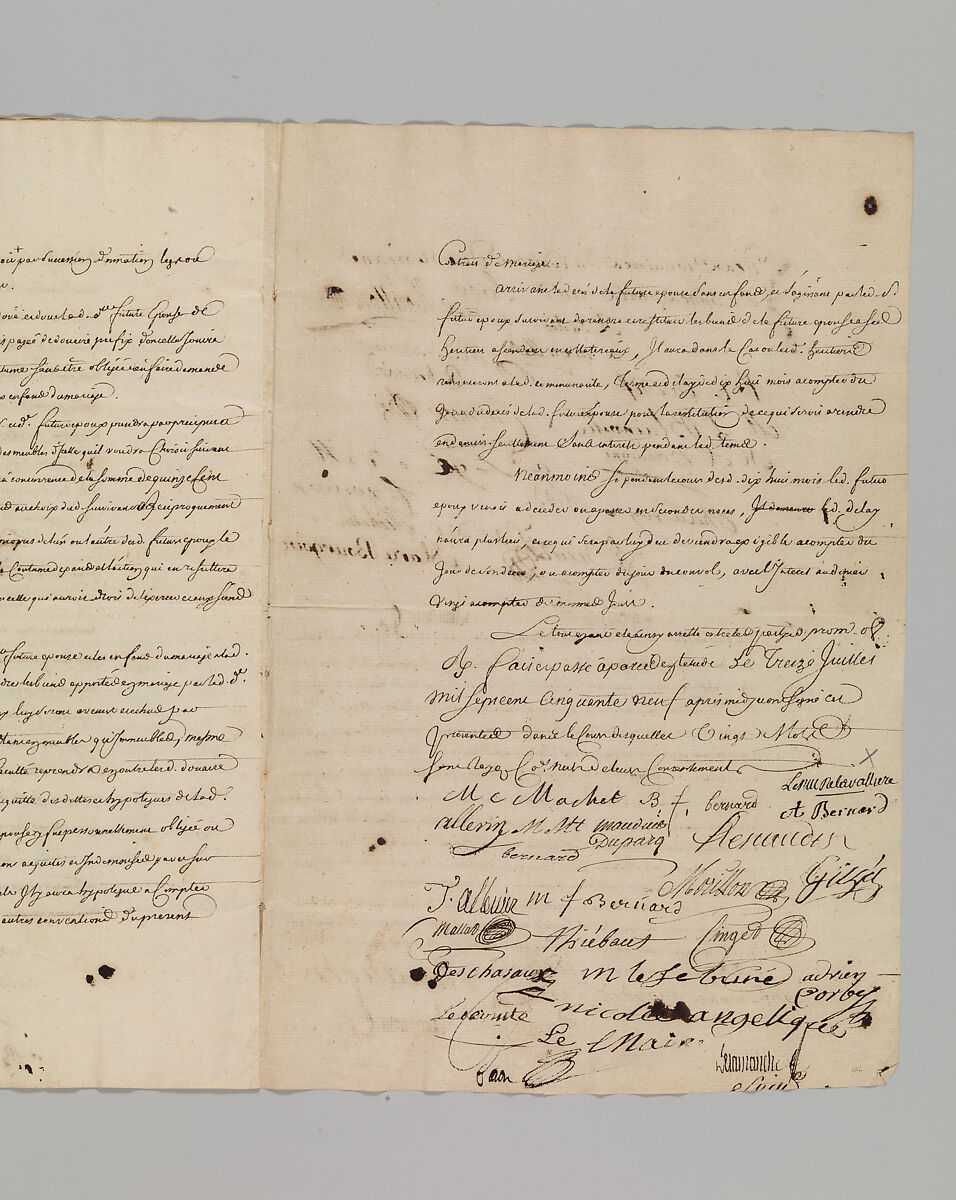 Marriage Contract Between Jean Baptiste Claude Allevin, Gunmaker, and Barbe Françoise Bernard, Paris, July 13, 1759, Pen on paper, French, Paris