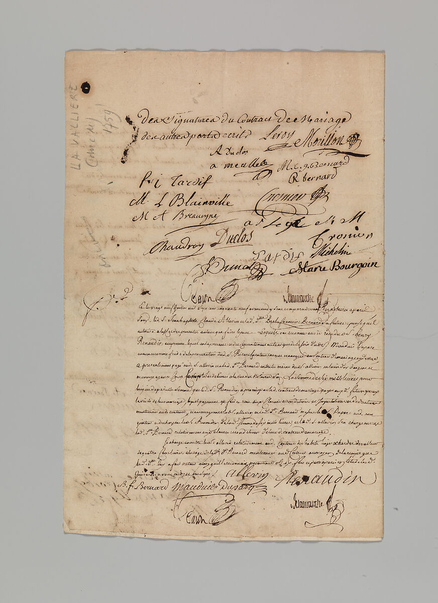 Marriage Contract Between Jean Baptiste Claude Allevin, Gunmaker, and Barbe Françoise Bernard, Paris, July 13, 1759, Pen on paper, French, Paris