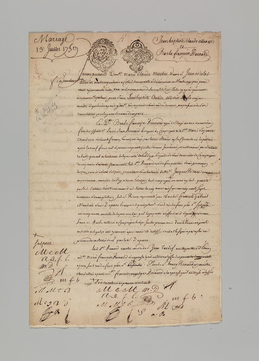 Marriage Contract Between Jean Baptiste Claude Allevin, Gunmaker, and Barbe Françoise Bernard, Paris, July 13, 1759, Pen on paper, French, Paris 