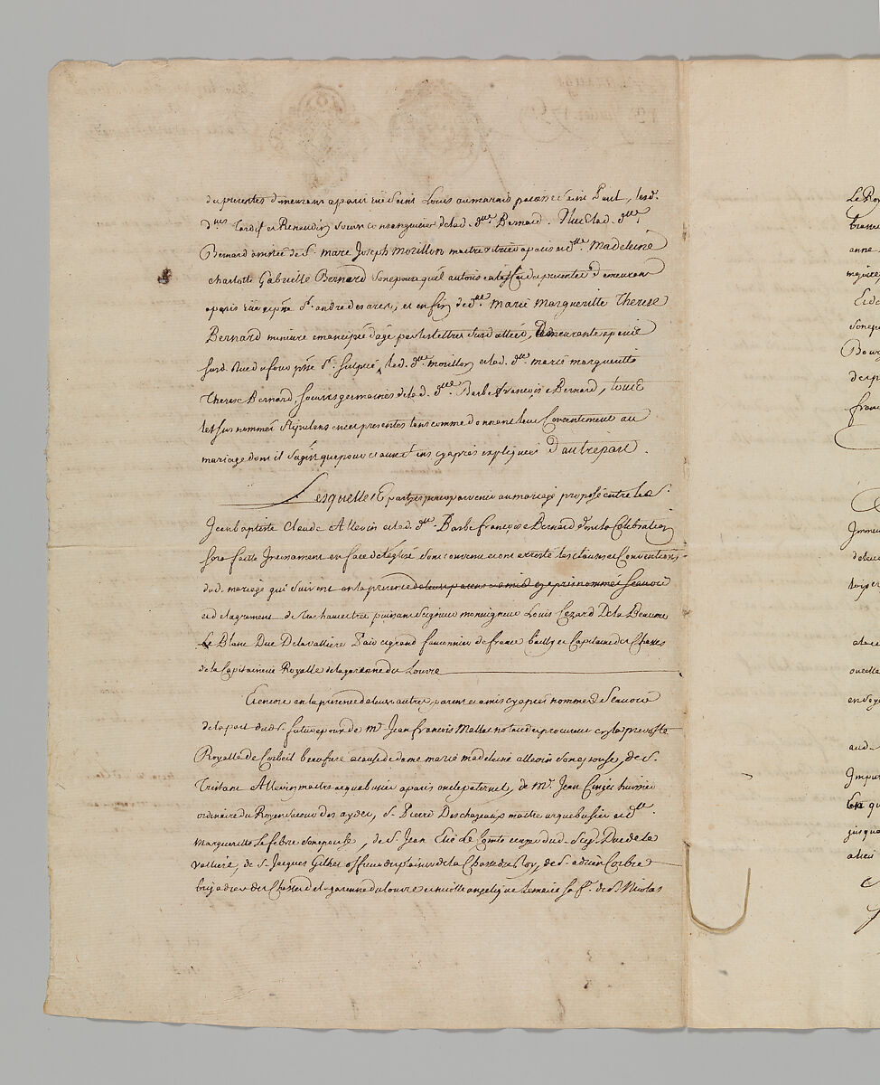 Marriage Contract Between Jean Baptiste Claude Allevin, Gunmaker, and Barbe Françoise Bernard, Paris, July 13, 1759, Pen on paper, French, Paris