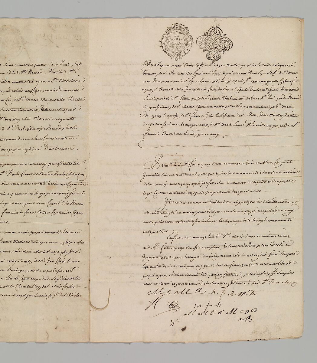 Marriage Contract Between Jean Baptiste Claude Allevin, Gunmaker, and Barbe Françoise Bernard, Paris, July 13, 1759, Pen on paper, French, Paris